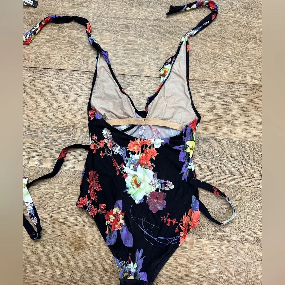Anthropologie Allihop Ruffle Floral Halter Ruching Tie Waist One-Piece Swimsuit - Picture 7 of 16